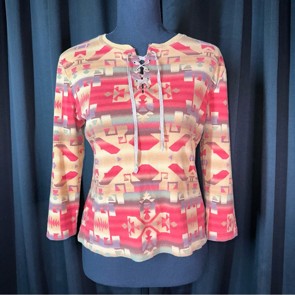 Chaps Denim Vintage 3/4 Sleeve Lace-Up Top Shirt Petite Lg Aztec Southwestโ